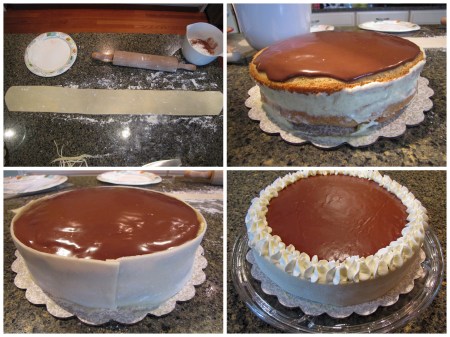 Roll & trim Marzipan, smear cake cream along edge, gently apply Marzipan to edge, decorate seam with whipped cream