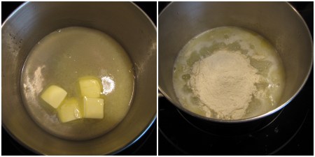 Butter and water brought to a simmer. Add all flour at one time.