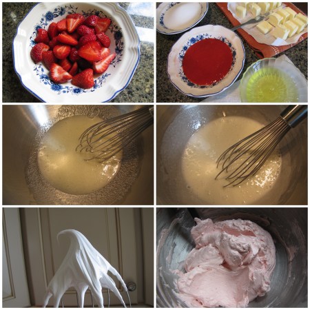 Coarsely chopped strawberries. Strawberry puree and other ingredients. Starting to beat egg whites and sugar over waterbath. Finished beating, making sure they are completely smooth between your fingers. Beating meringue to a stiff, shiny peak. Finished buttercream. 