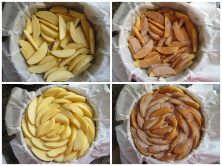 Add apples, sprinkle with cinnamon sugar, pour batter, add more apples, sprinkle with cinnamon sugar and bake.