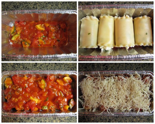 Layer: sauce, rolled up noodles, sauce and a thin layer of cheese. 