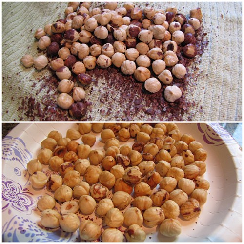 Removing skin off hazelnuts