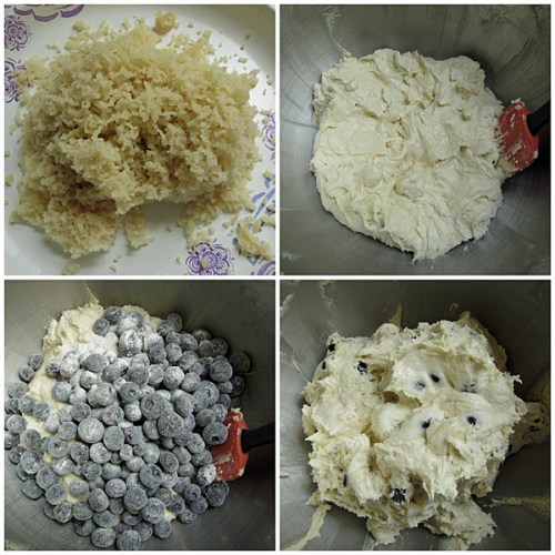 Finely grated Marcipan, finished dough, dust berries with flour and add to dough, quickly but gently fold in berries. 