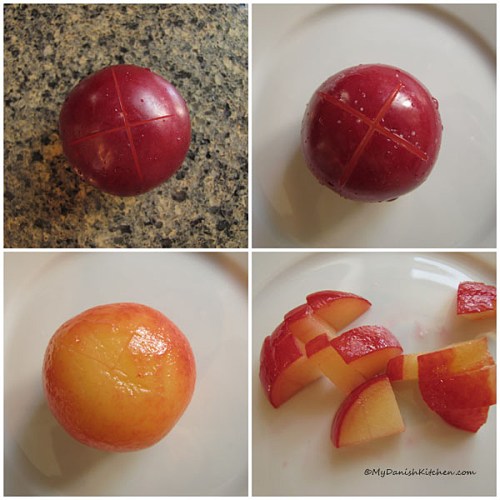 How to peel a plum: cut and X, pour boiling water over and let sit 30-40 seconds, drop plums into icewater, lift peel off from the corner of the X