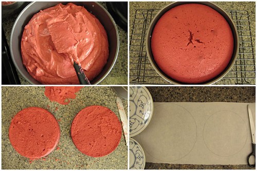 After baking, cut top of cake off to make it level, cut cake horizontally into two. Trace a 14 cm and 17 cm circle onto parchment paper. I used plates as guides.