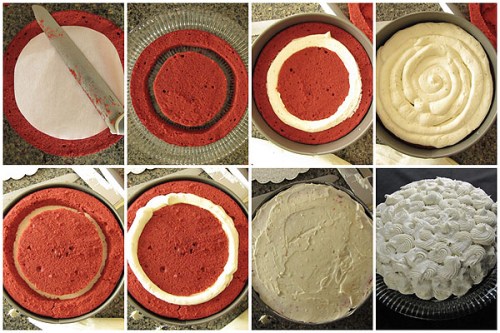 Cutting and assembling cake.