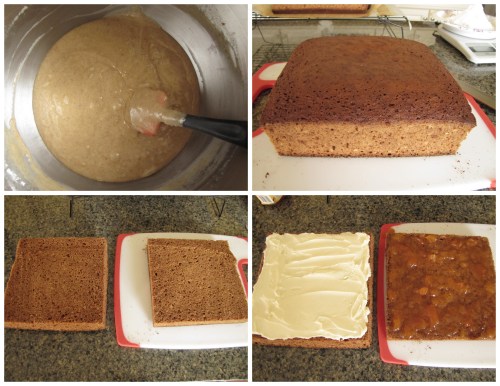 Trim edges off cake if hard, cut cake horizontally into two, spread buttercream and apricot and fold layers together, top with melted chocolate